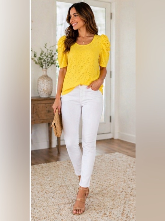 CeCe Tops - CeCe Eyelet Puff Sleeve Blouse Small Yellow Short Sleeve Feminine Top